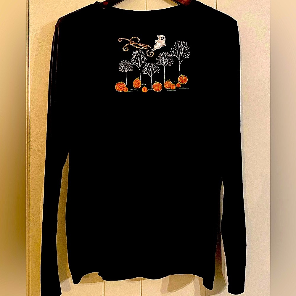 Black XL long sleeve Halloween shirt with embroidered pumpkin patch and ghost.